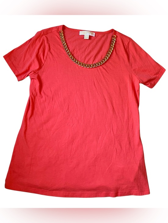 Michael Kors Tops - Michael Kors Coral Short Sleeve Top with Gold Chain Trim, Size M